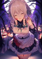 Rule 34 | absurdres, apron, bent over, blood, blood on clothes, blood on hands, bloody knife, bow, braid, breasts, dress, closed eyes, hair bow, hair ribbon, halloween, highres, izayoi sakuya, knife, kozomezuki, large breasts, maid, maid apron, maid headdress, medium hair, night, open mouth, outdoors, ribbon, standing, thighs, touhou, twintails, white hair