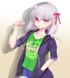 Rule 34 | 1girl, blue shorts, blush, breasts, byte-artist, contemporary, earbuds, earphones, fate/grand order, fate (series), green shirt, hair ribbon, highres, jacket, kama (fate), long sleeves, looking at viewer, open mouth, purple jacket, quick shirt, red eyes, ribbon, shirt, short hair, shorts, silver hair, small breasts