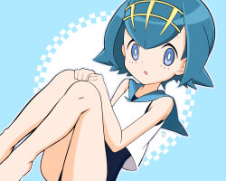 Rule 34 | 1girl, bare shoulders, barefoot, blue background, blue eyes, blue hair, blue one-piece swimsuit, blue outline, blue sailor collar, blue shirt, creatures (company), dutch angle, female focus, flat chest, game freak, hairband, highres, knees up, kouzuki (reshika213), lana (pokemon), looking at viewer, nintendo, one-piece swimsuit, open mouth, outline, own hands together, pokemon, pokemon sm, sailor collar, shirt, short hair, simple background, sitting, sleeveless, sleeveless shirt, solo, swimsuit, swimsuit under clothes, two-tone background, watermark, yellow hairband