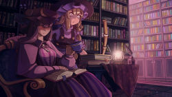 Rule 34 | &gt;:o, 2girls, absurdres, acrylic paint (medium), blonde hair, blush, book, book stack, bookmark, bookshelf, bow, braid, breasts, chair, collar, crescent, crescent pin, cup, frown, glowing, glowing eyes, hair bow, hat, hat ribbon, hidden eyes, highres, holding, holding cup, ink bottle, kirisame marisa, lamp, library, light, long hair, long sleeves, medium breasts, multiple girls, open book, painting (medium), patchouli knowledge, purple hair, quill, reading, reflective floor, ribbon, scenery, shading, shadow, short sleeves, surprised, table, tablecloth, teacup, tile floor, tiles, touhou, traditional media, u-joe, v-shaped eyebrows, very long hair, voile, white bow, witch hat, yellow eyes