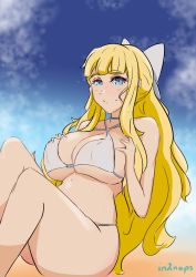 Rule 34 | 1girl, bikini, blonde hair, blue eyes, bow, grabbing another&#039;s breast, breasts, charlotte (fire emblem), fire emblem, fire emblem if, grabbing, hair bow, highres, in2naps, large breasts, long hair, nintendo, sidelocks, smile, solo, swimsuit, white bikini