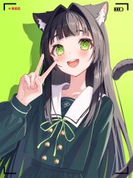 Rule 34 | 1girl, :d, animal ears, arm at side, battery indicator, blush, brown hair, buttons, cat ears, cat girl, cat tail, choppy bangs, cowboy shot, dot nose, double-breasted, green background, green eyes, green shirt, green skirt, hair intakes, hand up, highres, long bangs, long hair, long sleeves, looking at viewer, lows., open mouth, original, pleated skirt, recording, sailor collar, shadow, shirt, sidelocks, simple background, skirt, sleeve cuffs, smile, solo, straight hair, tail, teeth, upper teeth only, v, viewfinder, white sailor collar