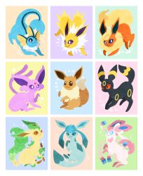 Rule 34 | animal focus, blonde hair, blue eyes, blue hair, bow, brown eyes, brown sclera, colored sclera, creatures (company), eevee, espeon, flareon, forehead jewel, game freak, gen 1 pokemon, gen 2 pokemon, gen 4 pokemon, gen 6 pokemon, glaceon, highres, jolteon, leafeon, looking at viewer, nintendo, no humans, pokemon, pokemon (creature), purple eyes, red sclera, ribbon, smile, spikes, sylveon, umbreon, vaporeon, virize