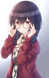 Rule 34 | 1girl, absurdres, adjusting eyewear, bad id, bad pixiv id, black hair, braid, closed mouth, collared shirt, commentary, cotrpopor, glasses, gradient background, grey background, hair between eyes, hair bobbles, hair ornament, hair over shoulder, hairclip, hands up, highres, idolmaster, idolmaster shiny colors, jacket, long sleeves, looking at viewer, medium hair, morino rinze, open clothes, open jacket, red eyes, red jacket, round eyewear, shirt, sidelocks, solo, symbol-only commentary, twin braids, upper body, white background, white shirt