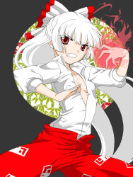 Rule 34 | 1girl, annoyed, atmp1009, bow, breasts, clenched teeth, covered erect nipples, dress shirt, female focus, fire, fujiwara no mokou, hair bow, highres, long hair, no bra, open clothes, open shirt, pants, red eyes, shirt, small breasts, solo, teeth, touhou, unbuttoned, white hair, white shirt