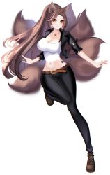 Rule 34 | 1girl, 707arisu, animal ears, belt, black jacket, black legwear, black pants, blouse, blurry, breasts, brown footwear, brown hair, cleavage, cross-laced footwear, earrings, eyelashes, forehead, fox ears, fox girl, full body, high ponytail, highres, jacket, jewelry, kitsune, knees together feet apart, kyuubi, large breasts, leg up, long hair, looking at viewer, midriff, multiple tails, navel, necklace, open clothes, open jacket, original, pants, parted bangs, shirt, short sleeves, sidelocks, simple background, smile, solo, standing, standing on one leg, tail, tsurime, white background, white shirt, yellow eyes