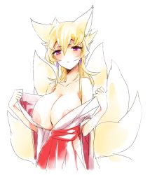 Rule 34 | 1girl, animal ears, blonde hair, blush, breasts, fox ears, fox tail, hinabu, japanese clothes, large breasts, miko, multiple tails, nipples, purple eyes, simple background, solo, tail, undressing, white background