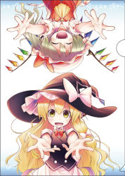 Rule 34 | 2girls, :d, ^ ^, aozora market, ascot, blonde hair, closed eyes, dress, fangs, flandre scarlet, hair ribbon, hat, incoming hug, kirisame marisa, mob cap, multiple girls, open mouth, outstretched arms, reaching, reaching towards viewer, ribbon, side ponytail, skirt, smile, touhou, tress ribbon, upside-down, vest, wavy hair, wings, witch hat