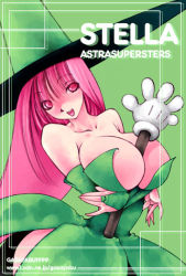 Rule 34 | 1girl, astra super stars, blush, breasts, character name, copyright name, fuyube rion, gloves, hat, huge breasts, long hair, looking at viewer, no bra, open mouth, pink eyes, pink hair, smile, solo, stella, stella (astra super stars), very long hair, wand, witch, witch hat