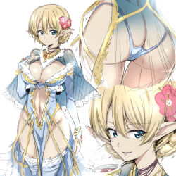 Rule 34 | ass, ass cutout, blonde hair, blue eyes, braid, breasts, butt crack, cleavage, clothing cutout, darjeeling (girls und panzer), flower, french braid, girls und panzer, hair flower, hair ornament, large breasts, multiple views, nakahira guy, navel cutout, pointy ears, revealing clothes, see-through, wide hips