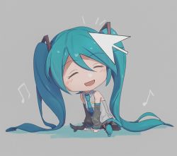 Rule 34 | ^^^, aqua eyes, aqua hair, aqua necktie, bad id, bad twitter id, bare shoulders, beamed eighth notes, between legs, black skirt, black sleeves, black thighhighs, chibi, closed eyes, commentary, cursor, detached sleeves, eighth note, grey background, grey shirt, hair ornament, hand between legs, hatsune miku, headpat, leaning forward, long hair, miniskirt, musical note, necktie, open mouth, pleated skirt, shirt, sitting, skirt, sleeveless, sleeveless shirt, smile, solo, thighhighs, twintails, very long hair, vocaloid, wounds404
