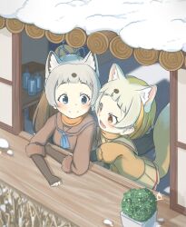 Rule 34 | absurdres, animal ears, blonde hair, blue bow, blue eyes, blue neckerchief, blunt bangs, blush, bow, brown gloves, brown hair, brown sweater, elbow gloves, extra ears, fangs, fingerless gloves, gloves, grey hair, hair bow, highres, hug, japanese marten (kemono friends), kemono friends, kemono friends 3, long hair, long sleeves, multicolored hair, neckerchief, onefiresticks, open mouth, orange scarf, pleated skirt, ponytail, puffy short sleeves, puffy sleeves, sable (kemono friends), sailor collar, scarf, short hair, short sleeves, sidelocks, skirt, smile, snow, sweater, tail, two-tone hair, white hair, white skirt, yellow eyes, yellow sweater