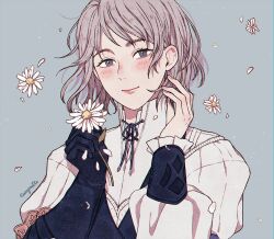 Rule 34 | 1girl, alternate hairstyle, asymmetrical gloves, blue eyes, blush, daisy, eurymille, final fantasy, final fantasy xvi, floating, floating hair, floating object, flower, gloves, grey hair, holding, holding flower, holding own hair, jill warrick, looking at viewer, petals, puffy sleeves, ribbon, short hair, smile, solo, uneven gloves, upper body, white flower