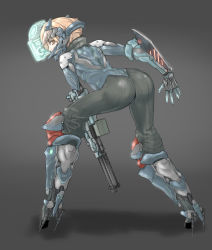 Rule 34 | ass, bad id, bad pixiv id, blonde hair, cyborg, gun, hologram, looking back, short hair, sigama, solo, weapon, yellow eyes