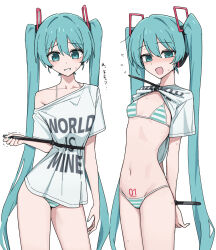 Rule 34 | 1girl, aqua eyes, aqua hair, aqua nails, bdsm, blush, bondage, bound, bound wrists, bra, breasts, cable tie, channel ( caststation), clothes lift, collarbone, cowboy shot, crossover, dot nose, flying sweatdrops, hair between eyes, hatsune miku, headset, highres, long hair, looking at viewer, meme, multiple views, navel, no pants, open mouth, pajamas challenge (meme), panties, parted lips, pubic tattoo, restrained, shirt, shirt lift, side-tie panties, sidelocks, simple background, single bare shoulder, skinny, small breasts, standing, straight-on, striped bra, striped clothes, striped panties, sweat, t-shirt, tattoo, twintails, underwear, very long hair, vocaloid, white background, world is mine (vocaloid)