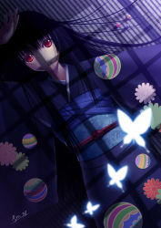 Rule 34 | 1girl, absurdres, black hair, enma ai, hair in own mouth, highres, japanese clothes, jigoku shoujo, long hair, marble (toy), minazuki ryou, red eyes, solo, tagme