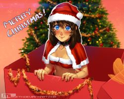 Rule 34 | 1girl, bandeau, blue eyes, blush, box, breasts, brooke (mleth), brown hair, capelet, christmas, christmas tree, collar, freckles, gift, gift box, hat, in box, in container, long hair, merry christmas, mleth, original, santa hat, small breasts, smile, solo, stomach