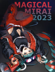Rule 34 | 1girl, 39, 2023, absurdres, ankle boots, aqua eyes, aqua nails, armpits, arms up, baggy pants, belt, black bodysuit, black footwear, black jacket, blunt bangs, blunt ends, bodysuit, boots, braid, breasts, cable, chain necklace, chest belt, clothes writing, clothing cutout, colored shoe soles, copyright name, dark background, detached hair, ear piercing, eyelashes, fangs, fingernails, full body, goggles, goggles on head, hatsune miku, highres, hip bones, hip vent, holding, holding megaphone, jacket, jewelry, knee up, looking at viewer, looking up, lying, magical mirai (vocaloid), magical mirai miku, magical mirai miku (2023), medium breasts, megaphone, multicolored hair, nail art, navel, navel cutout, necklace, on back, on floor, open clothes, open jacket, open mouth, padded jacket, pants, piercing, red hair, red jacket, red nails, red pants, ring hair ornament, rubber boots, sidelocks, simple background, siryok5, solo, spread legs, streaked hair, tsurime, twin braids, two-sided fabric, two-sided jacket, two-tone hair, upside-down, vocaloid, white belt