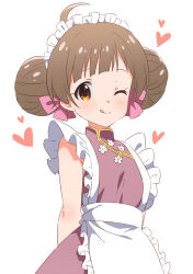 Rule 34 | 1girl, ;q, ahoge, apron, arms behind back, blush, breasts, brown hair, closed mouth, commentary request, double bun, dress, flower, frilled apron, frilled hairband, frills, goma konbu, hair bun, hair ribbon, hairband, hakozaki serika, heart, high collar, highres, idolmaster, idolmaster million live!, looking at viewer, one eye closed, orange eyes, pink dress, pink ribbon, raised eyebrows, ribbon, short hair, simple background, sleeveless, sleeveless dress, small breasts, solo, split mouth, swept bangs, tongue, tongue out, upper body, white apron, white background, white flower