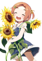 Rule 34 | 1girl, :d, ^ ^, bare arms, bare shoulders, blue dress, blush, brown hair, brown shorts, closed eyes, commentary request, denim dress, dress, facing viewer, flower, forehead, frilled dress, frills, hair flower, hair ornament, halterneck, highres, idolmaster, idolmaster cinderella girls, makuran, hugging object, one side up, open mouth, parted bangs, round teeth, ryuzaki kaoru, short eyebrows, shorts, shorts under dress, simple background, sleeveless, sleeveless dress, smile, solo, standing, strap slip, sunflower, sunflower hair ornament, teeth, thick eyebrows, upper teeth only, white background, yellow flower