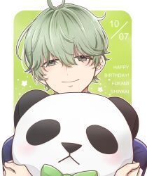 Rule 34 | 1boy, absurdres, aoppella, blue shirt, border, character name, closed mouth, dated, green background, green eyes, green hair, hair over eyes, happy birthday, highres, looking at viewer, male focus, natsunomirai, hugging object, pillow, pillow hug, shinkai fukami, shirt, smile, solo, stuffed animal, stuffed panda, stuffed toy, white border