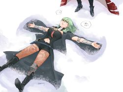 Rule 34 | 1girl, black footwear, black shorts, boots, brown pantyhose, byleth (female) (fire emblem), byleth (fire emblem), cape, edelgard von hresvelg, enlightened byleth (female), fire emblem, green eyes, green hair, grey cape, hair between eyes, knee boots, pantyhose under shorts, long hair, midriff, navel, nintendo, open mouth, outstretched arms, pantyhose, robaco, short shorts, shorts, snow angel, solo focus, speech bubble, stomach