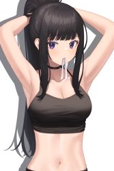 Rule 34 | 1girl, absurdres, armpits, arms behind head, arms up, bare arms, bare shoulders, bintz, black choker, black hair, black shirt, breasts, choker, cleavage, collarbone, crop top, hair tie in mouth, highres, large breasts, long hair, looking at viewer, midriff, mouth hold, navel, original, ponytail, purple eyes, shadow, shirt, sidelocks, simple background, sleeveless, sleeveless shirt, slit pupils, solo, spaghetti strap, stomach, tying hair, upper body, white background