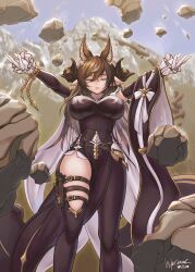 Rule 34 | 1girl, animal ears, breasts, brown hair, closed eyes, detached sleeves, feet out of frame, frills, galleon (granblue fantasy), gloves, granblue fantasy, horns, hybridmink, large breasts, long hair, multicolored hair, outstretched arms, pelvic curtain, pointy ears, skindentation, streaked hair, thigh strap, thighs, very long hair, white gloves