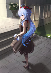 Rule 34 | 1girl, ahoge, alternate costume, bag, black dress, black gloves, black pantyhose, blue hair, commentary request, contemporary, dress, facial hair, flower, from behind, ganyu (genshin impact), genshin impact, gloves, goatee, gown, hair between eyes, handbag, high heels, highres, holding, holding bag, long hair, looking at viewer, looking back, low ponytail, outdoors, pantyhose, parted lips, plant, potted plant, purple eyes, sidelocks, sleeveless, solo, suke, tile floor, tiles