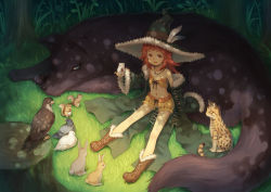 Rule 34 | 104, 1girl, animal, bare legs, bird, boots, rabbit, coat, crop top, feathers, forest, grass, hat, jewelry, midriff, nature, navel, necklace, orange eyes, orange hair, original, puffy shorts, shirt, shorts, sitting, solo, squirrel, stomach, tree stump, witch hat, wolf, yellow shirt, yellow shorts