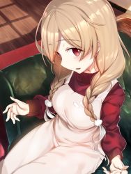Rule 34 | 1girl, braid, cloud hair ornament, commentary request, couch, cowboy shot, dress, from above, gradient hair, grey dress, kantai collection, light brown hair, long hair, looking at viewer, minegumo (kancolle), multicolored hair, open mouth, red eyes, red sweater, sitting, smile, solo, sweater, turtleneck, twin braids, youmou usagi