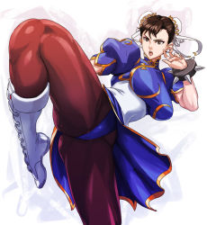 Rule 34 | 1girl, boots, bracelet, breasts, brown hair, bun cover, cameltoe, capcom, china dress, chinese clothes, chun-li, double bun, dress, jewelry, large breasts, pantyhose, pelvic curtain, short hair, solo, spiked bracelet, spikes, street fighter, thick thighs, thighs, usatarou