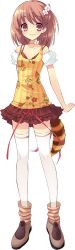 Rule 34 | 1girl, :3, bra, brown hair, choker, dress, floral print, flyable heart, full body, highres, inaba yui, ito noizi, long image, plaid, red bra, red eyes, shoes, simple background, tail, tall image, thighhighs, underwear, white thighhighs, zettai ryouiki