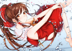 Rule 34 | 1girl, air bubble, bare legs, bare shoulders, barefoot, blush, bow, brown eyes, brown hair, bubble, commentary request, gohei, hair bow, hair tubes, hakurei reimu, japanese clothes, kagami com, long hair, miko, solo, submerged, touhou, underwater, water
