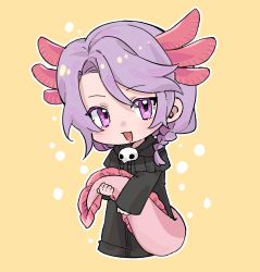 Rule 34 | 1boy, :3, animal ears, axolotl boy, axolotl ears, axolotl tail, black capelet, black robe, braid, capelet, chibi, chinese commentary, commentary request, final fantasy, final fantasy xiv, full body, guanyuzhizuoshubing, highres, holding own tail, hood, hood down, hooded capelet, hythlodaeus, kemonomimi mode, looking at viewer, male focus, mask, unworn mask, open mouth, purple eyes, purple hair, robe, short hair, side braid, simple background, single braid, solo, standing, swept bangs, tail, yellow background