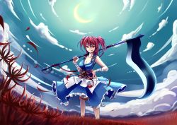 Rule 34 | 1girl, absurdres, amakan!, bad id, bad pixiv id, breasts, cleavage, female focus, flower, hair bobbles, hair ornament, highres, medium breasts, obi, onozuka komachi, red eyes, red hair, sash, scythe, solo, spider lily, standing, touhou, twintails, two side up