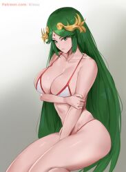 Rule 34 | 1girl, arm under breasts, bikini, breasts, circlet, cleavage, closed mouth, collarbone, gradient background, green eyes, green hair, hair ornament, highres, holding own arm, invisible chair, kid icarus, kid icarus uprising, kisou (kisou00), large breasts, long hair, nintendo, palutena, patreon username, sitting, solo, strap gap, swimsuit, thighs, very long hair, watermark, web address
