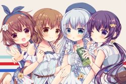 Rule 34 | 10s, 4girls, :d, :o, ;o, akatsuki (kancolle), alternate costume, alternate hairstyle, bag, basket, bead bracelet, beads, belt, beret, blue eyes, blue hair, blush, bottle, bracelet, braid, brown eyes, brown hair, casual, closed mouth, dress, drink, eyebrows, flower, folded ponytail, frills, hair flower, hair ornament, hairband, hairclip, hand on another&#039;s arm, hat, hibiki (kancolle), highres, holding, holding another&#039;s arm, holding bottle, holding own arm, ikazuchi (kancolle), inazuma (kancolle), index finger raised, jewelry, kantai collection, long hair, looking at viewer, low ponytail, mitsuki ponzu, multiple girls, necklace, off-shoulder dress, off shoulder, one eye closed, open mouth, overalls, palms, purple eyes, purple hair, ring, sandals, shoulder bag, silver hair, smile, star (symbol), star hair ornament, striped, white dress, x hair ornament, yellow eyes