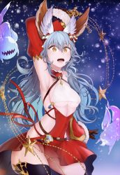 Rule 34 | 1girl, animal ears, arm behind head, arm up, armpits, bare shoulders, black legwear, blue background, blue hair, bottomless, breasts, clothing cutout, covered navel, curly hair, detached sleeves, dress, earrings, erune, ferry (granblue fantasy), ferry (santa minidress) (granblue fantasy), fur-trimmed sleeves, fur trim, ghost, granblue fantasy, groin, hair between eyes, hat, highres, holding, holding whip, jewelry, long hair, medium breasts, mikamino96, no panties, open mouth, red dress, santa hat, see-through, sideless outfit, single earring, snowing, solo, star (symbol), teeth, underboob, underboob cutout, upper teeth only, very long hair, yellow eyes