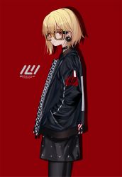 Rule 34 | 1girl, album cover, black choker, black jacket, black pantyhose, black skirt, blonde hair, brown-framed eyewear, choker, closed mouth, commentary request, cover, earrings, glasses, hair between eyes, hand in pocket, highres, jacket, jewelry, long sleeves, looking at viewer, looking to the side, luicent, original, pantyhose, puffy long sleeves, puffy sleeves, red background, red eyes, simple background, skirt, solo, standing