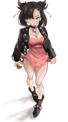 Rule 34 | 1girl, asymmetrical bangs, black choker, black hair, black jacket, boots, breasts, choker, cleavage, closed mouth, commentary, creatures (company), dress, full body, game freak, green eyes, hair ribbon, highres, holding, holding poke ball, jacket, marnie (pokemon), medium breasts, medium hair, nintendo, poke ball, poke ball (basic), pokemon, pokemon swsh, rakeemspoon, ribbon, short dress, simple background, solo, thighs, twintails, undercut, v-shaped eyebrows, white background