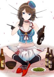 Rule 34 | 10s, 1girl, black gloves, blue eyes, bottle, breasts, brown hair, choker, cleavage, female focus, gloves, hat, highres, indian style, kantai collection, kuso bba, large breasts, looking at viewer, maya (kancolle), maya kai ni (kancolle), midriff, miniskirt, navel, petals, short hair, sitting, skirt, socks, solo, white background