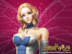 Rule 34 | 1girl, 3d, angela (castlevania), blonde hair, blue eyes, breasts, castlevania (series), castlevania pachislot, choker, cleavage, corset, cross, cross necklace, detached sleeves, eyelashes, highres, jewelry, konami, lace, large breasts, logo, looking at viewer, necklace, official art, official wallpaper, smile, solo, sparkle, upper body, wallpaper, wavy hair
