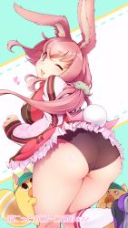 Rule 34 | 1girl, animal ears, ass, blush, breasts, deto, from behind, hat, heart, highres, huge ass, jacket, large breasts, long hair, looking at viewer, low twintails, meg carrot, one eye closed, open mouth, panties, pink eyes, pink hair, rabbit ears, rabbit tail, shiny skin, sideboob, skirt, smile, tail, tongue, track jacket, translated, twintails, underwear, white cat project, white cat tennis, wink