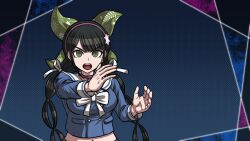 Rule 34 | 1girl, bell, black hair, blue background, blue shirt, blue sleeves, blunt bangs, bow, bowtie, breasts, buttons, chabashira tenko, choker, collared shirt, commentary request, cowboy shot, danganronpa (series), danganronpa v3: killing harmony, eyelashes, fighting stance, floral print, green bow, green eyes, hair bow, hair ornament, hair ribbon, hairband, large breasts, long hair, long sleeves, low twintails, midriff, mole, mole under mouth, navel, neck bell, official style, open mouth, outside border, parody, pink choker, pink hairband, pocket, polka dot, polka dot background, ribbon, sailor collar, sailor shirt, shirt, simple background, solo, style parody, teeth, twintails, upper teeth only, v-shaped eyebrows, very long hair, white bow, white bowtie, white ribbon, white sailor collar, yumaru (marumarumaru)