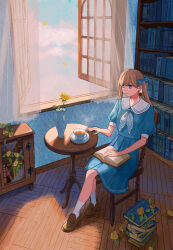 Rule 34 | 1girl, blonde hair, blue bow, blue dress, book, book stack, bookshelf, bow, cabinet, closed mouth, crossed legs, cup, curtains, day, dress, dyuba000, flower, hair bow, highres, indoors, loafers, long hair, open book, open window, original, plate, puffy sleeves, purple eyes, rose, sailor collar, shoes, sitting, socks, solo, sunlight, table, teacup, twintails, vase, wallpaper (object), white sailor collar, white socks, window, windowsill, yellow flower, yellow rose