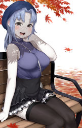Rule 34 | 1girl, arm at side, arm up, autumn leaves, bag, bare arms, bench, between breasts, black bow, black skirt, black thighhighs, blue hair, blue hat, blush, bow, breasts, commentary request, cookie (touhou), flour (cookie), handbag, hat, high-waist skirt, highres, kumoi ichirin, large breasts, lips, long hair, looking at viewer, miniskirt, open mouth, pale skin, park bench, shade, silver hair, sinzen, sitting, skirt, smile, snowflake print, solo, strap between breasts, thighhighs, touhou