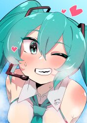 Rule 34 | 1girl, absurdres, blue background, blue eyes, blue hair, blue necktie, blush, breasts, breath, commentary request, grey shirt, grin, hair between eyes, hatsune miku, headset, heart, highres, kurodani yamame, long hair, looking at viewer, medium breasts, necktie, one eye closed, rinyamame, shirt, sleeveless, sleeveless shirt, smile, solo, sweat, touhou, twintails, upper body, very long hair, vocaloid