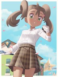 Rule 34 | 1girl, border, brown hair, brown skirt, building, buttons, cloud, collared shirt, commentary request, confetti, creatures (company), day, eyelashes, game freak, gazing eye, gloves, green eyes, hair ornament, hand up, heart, heart hair ornament, highres, holding, holding magnifying glass, key hair ornament, looking at viewer, looking down, magnifying glass, nintendo, no jacket, official alternate costume, outdoors, parted lips, plaid, plaid skirt, pokemon, pokemon masters ex, shauna (pokemon), shauna (special costume) (pokemon), shirt, skirt, sky, sleeves rolled up, solo, teetth, twintails, white border, white gloves, white shirt