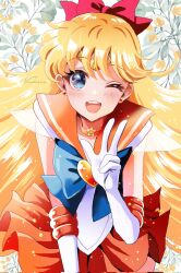 Rule 34 | 1girl, ;d, aino minako, back bow, bishoujo senshi sailor moon, blonde hair, blue bow, blue bowtie, blue eyes, bow, bowtie, brooch, choker, circlet, collar, corrupted twitter file, earrings, elbow gloves, floral background, gloves, hair bow, heart, heart brooch, highres, jewelry, koharumichi, long hair, miniskirt, one eye closed, open mouth, orange bow, orange choker, orange collar, orange gemstone, orange sailor collar, orange skirt, pleated skirt, red bow, sailor collar, sailor senshi, sailor venus, shirt, short sleeves, skirt, smile, solo, star (symbol), star choker, stud earrings, super sailor venus, v, white background, white gloves, white shirt, yellow bow